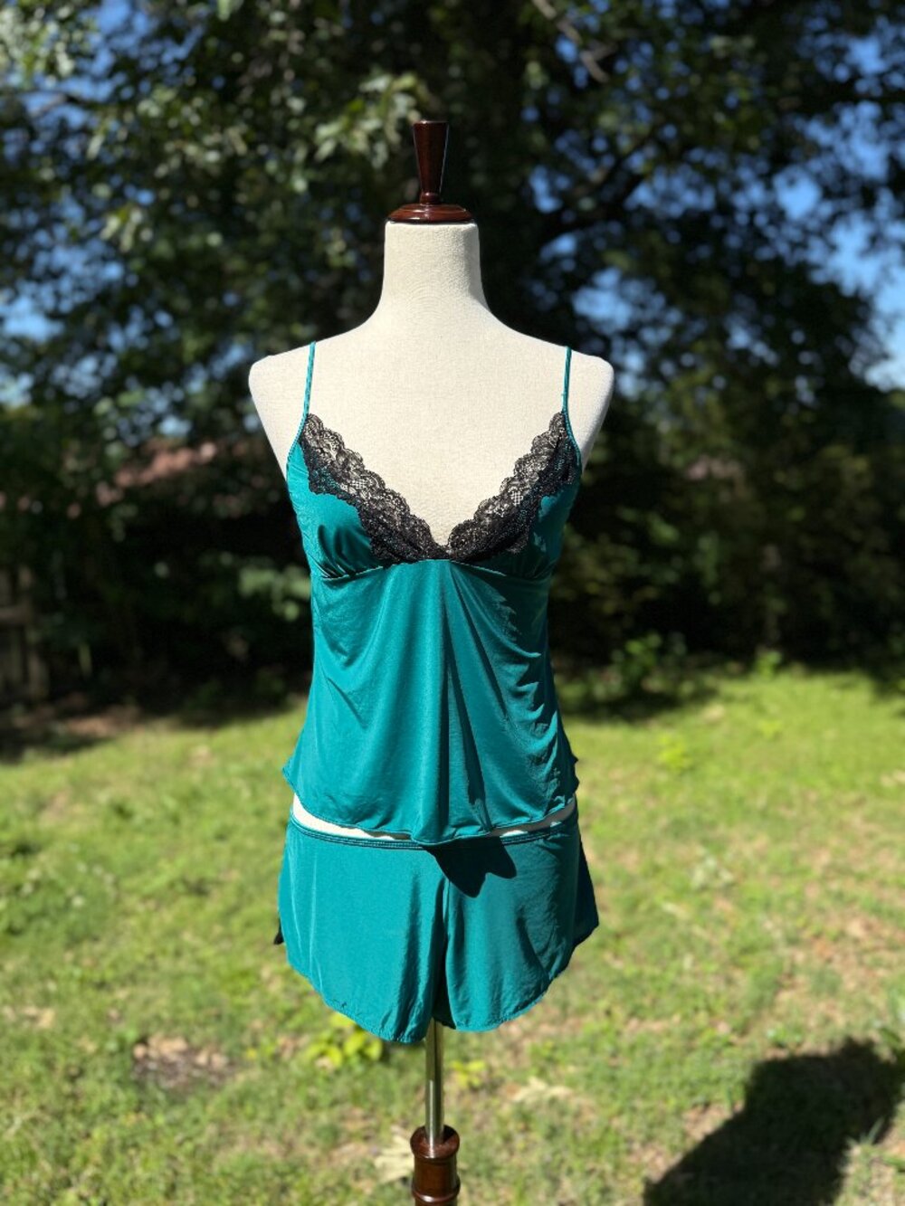 Yandy Teal Satin Feel Cami Shorts 2PC Pajama Set Black Lace Trim Sleepwear